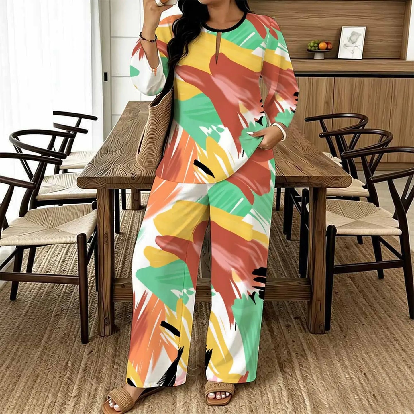 Women Spring/summer Fashion Print Two Piece Set  Exercise Round Neck T-shirt Casual Vacation Sweatpants