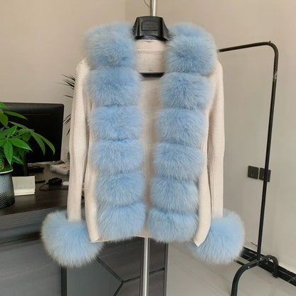 Women's Real Fox Fur Cardigan Jacket Spring and Autumn with Knitted Sweaters and Real Fox Fur Collar Women Raccoon Fur Cardigan