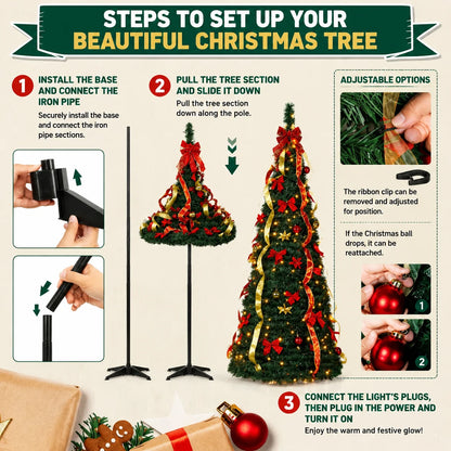 Pre Lit Pre Decorated Christmas Tree Pop Up Christmas Tree and Warm LED Lights & DIY Ornaments,Holiday Party Decorations