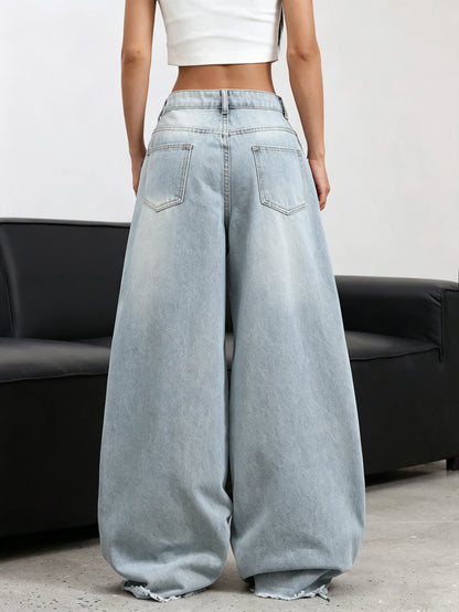 American Retro Plum Blossom Embroidery Design Blue Women's Loose Wide-Leg Jeans Y2K Street Fashion Versatile Straight Trousers