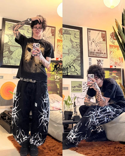Y2K Gothic Punk Baggy Pants Women Red White Tribal Flame Print Wide Leg Trousers Vintage Grunge Streetwear Alt Clothing