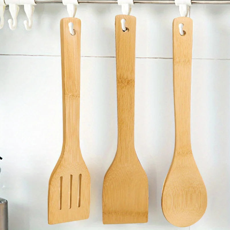 3pcs/set Bamboo Non Stick Frying Pan Spatula Rice Spoon Spatula High Temperature Resistant Cooking Tool Home Supplies