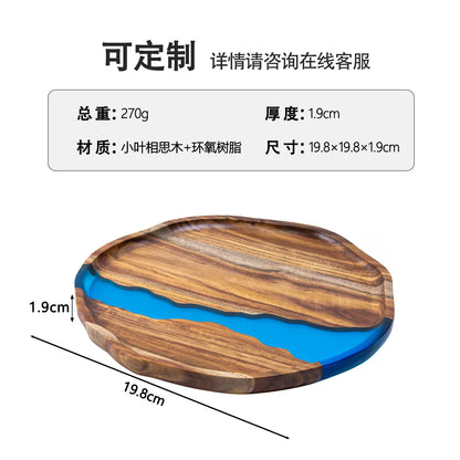 Acacia wood epoxy resin craft tray; tea tray; round plate; resin river; fireplace tray; home light luxury plate; wholesale