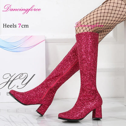 Gold Glitter 7cm Chunky Heels 1960s 70s Retro Gogo Boots Costumes Cosplay Knee High Go-Go Boots Womens Shoes Plus Size EU46