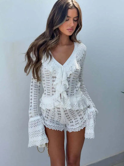 Women Hollowed Two-piece Set V-neck Sheer Waves Fungus Edge Flared Sleeves Lace Shorts Pants 2026 Summer Vacation Party Outfit