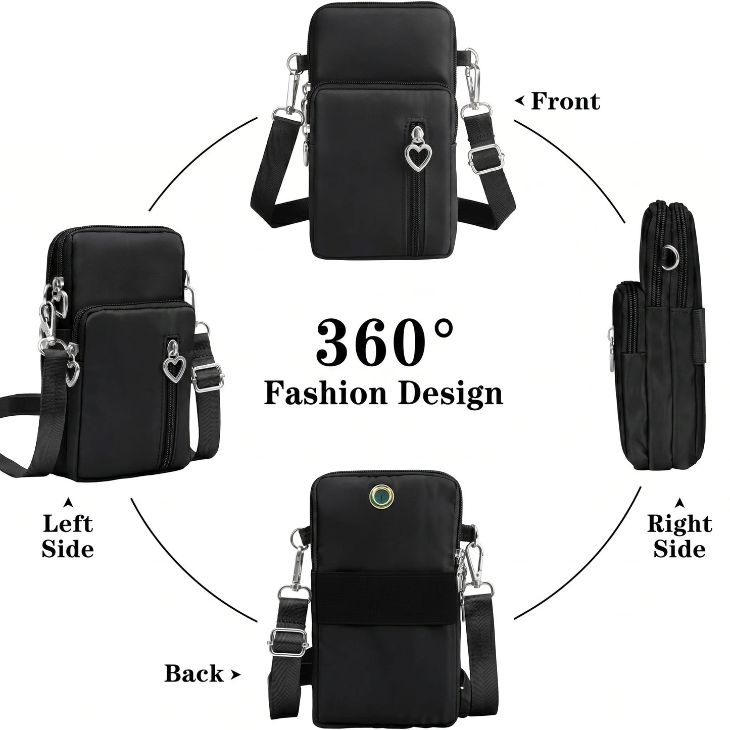 Waterproof Nylon Mini Crossbody Phone Bag for Women Heart Metal Zipper Multi Compartment Shoulder Arm Bag Phone Purse Wallet