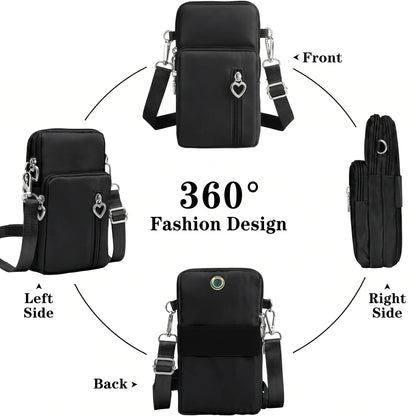 Waterproof Nylon Mini Crossbody Phone Bag for Women Heart Metal Zipper Multi Compartment Shoulder Arm Bag Phone Purse Wallet