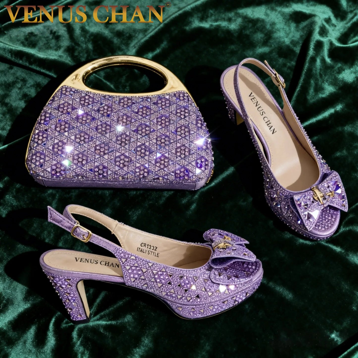 Chic Light Purple Rhinestone Peep-Toe High Heel Sandals and Bag Set for Women –Elegant Italian Party Shoes Perfect for Weddings