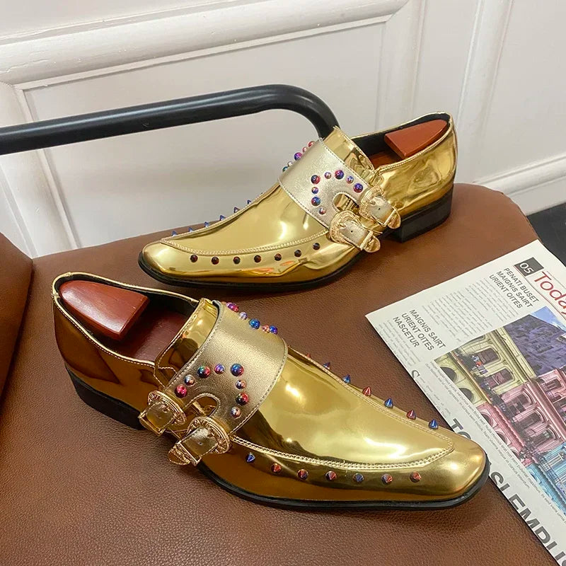 2026 New Gold Men Dress Shoes Rivet Breathable Square Toe Double Buckle Party Fashion Handmade Free Shipping Chelsea Men Loafers