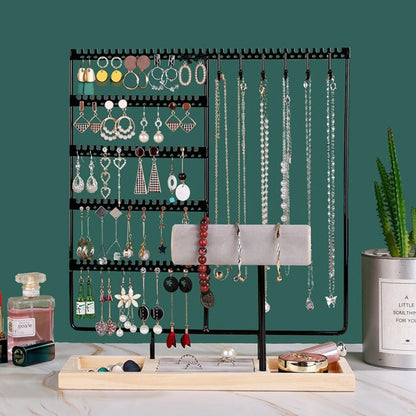 Metal Jewelry Organizer Stand with Wooden Tray - Multi-Functional Storage for Earrings, Necklaces, Bracelets & Rings