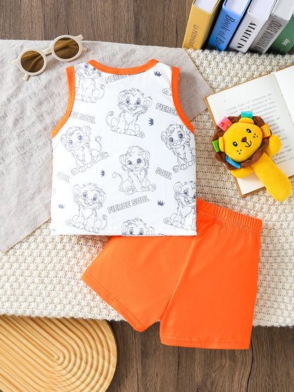 2pcs Summer Baby Boys Lion King Print Tank Top Set, Fierce Soul Graphic, Casual Daily/Outdoor Play, 9-12M, Contrast Trim Vest