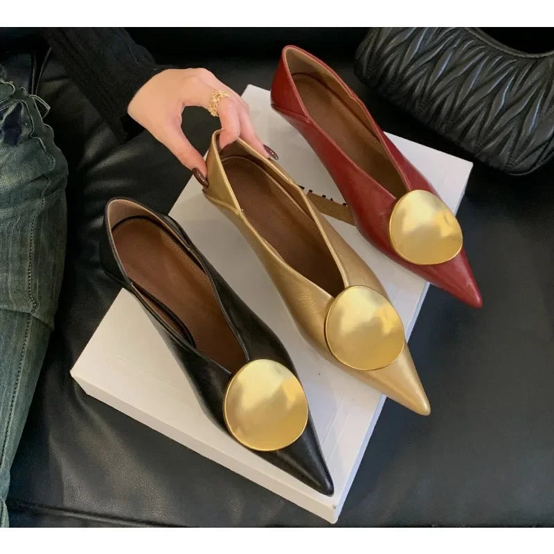 New Designer Pointed Toe Women High Heel Shoes Fashion Gold Metal Shallow Slip on Single Shoes Thin Low Heel Dress Pumps