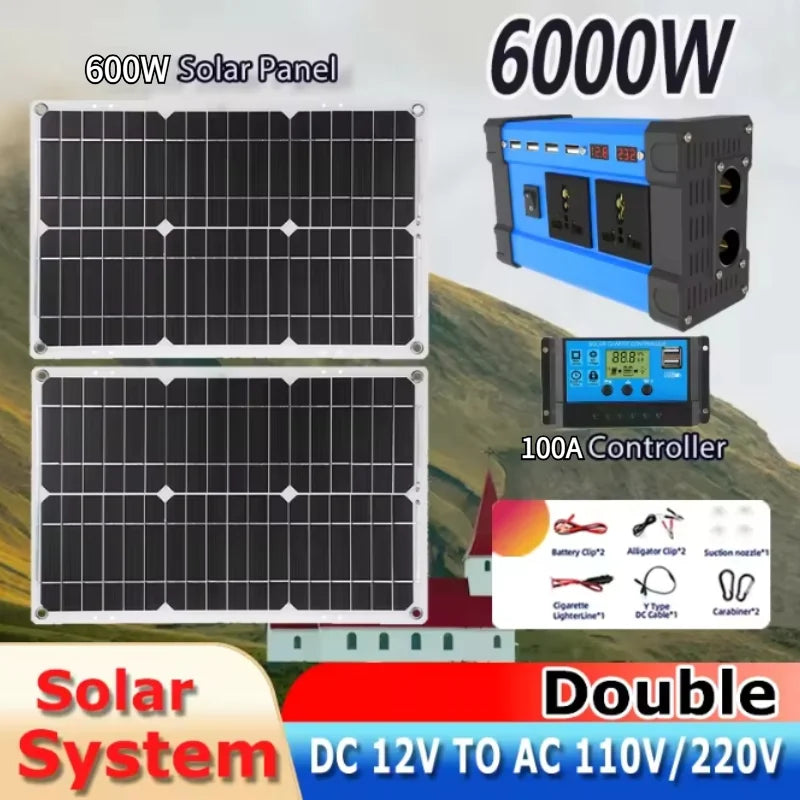 6000W Solar Power Complete Kit 12V To 220V Inverter 30A Controller 2*300W Panel System for Home/RV/Camping Full House Generator