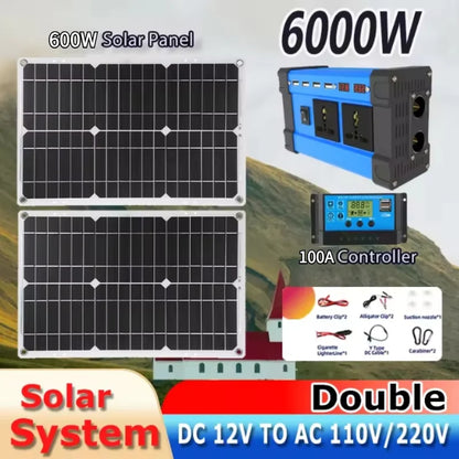 6000W Solar Power Complete Kit 12V To 220V Inverter 30A Controller 2*300W Panel System for Home/RV/Camping Full House Generator