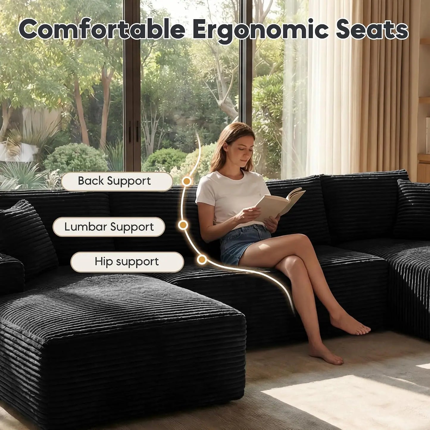 125" Oversized Cloud Boneless Couch with Chaise, Modern Modular Sofa with Deep Seat, Corduroy Upholstered U Shaped, Customized