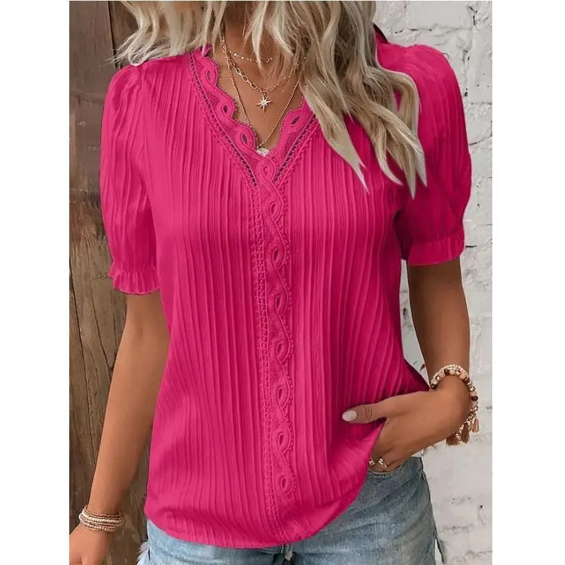 Plus Size Women's Shirt Blouse Yellow-green Violets White Plain Lace Short Sleeve Casual Basic V Neck Regular Pullover White Blo