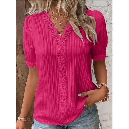 Plus Size Women's Shirt Blouse Yellow-green Violets White Plain Lace Short Sleeve Casual Basic V Neck Regular Pullover White Blo