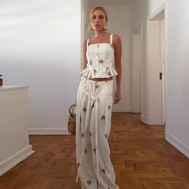 Sexy Print Vest Lace Up Pants Suit Women Slim Sleeveless Sling Tops High Waist Long Trousers Set Female 2026 Summer Sets Lady