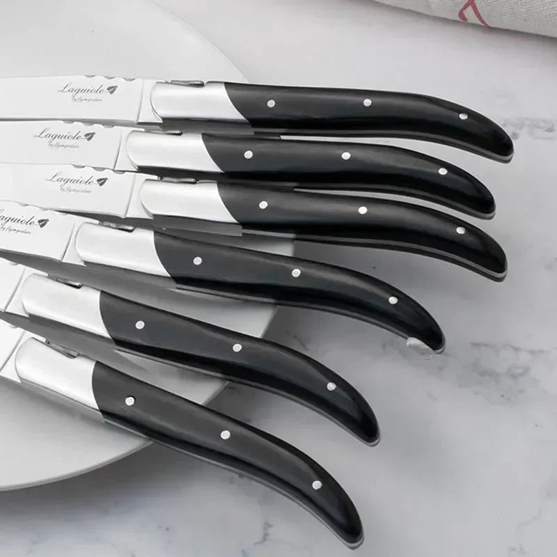 2-10pcs Laguiole Steak Knifes Dinner Knives Black Wood Handle Dinnerware Stainless Table Knife and Fork Wooden Tableware Cutlery
