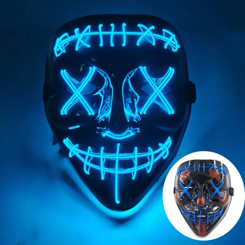 Wireless LED Neon Purge Mask & Fiber Optic Gloves, Scary Glow In Dark Mask for Halloween Carnival Cosplay Bar Birthday Party