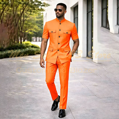 Summer Safari Men's Suits Fashion Regular Fit Short Sleeve Blazer Elegant Luxury Single Breasted 2 Piece Jacket Pants Outfits