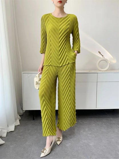 2026 Spring New Women Handmade Pleated Pants Set Comfortable Casual Seven Sleeve T-Shirt Top Loose Wide Leg Pants 2 Piece Set
