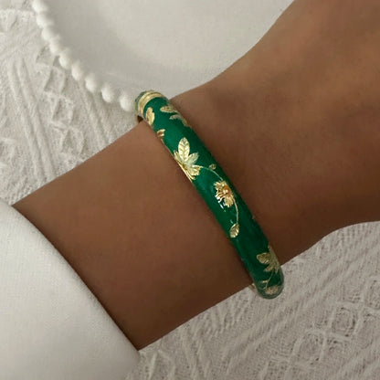 Elegant Enamel Dropped Glaze Flower Texture Bracelet For Women Retro Gold Plated Evil Eye Floral Zircon Bangle Party Jewelry