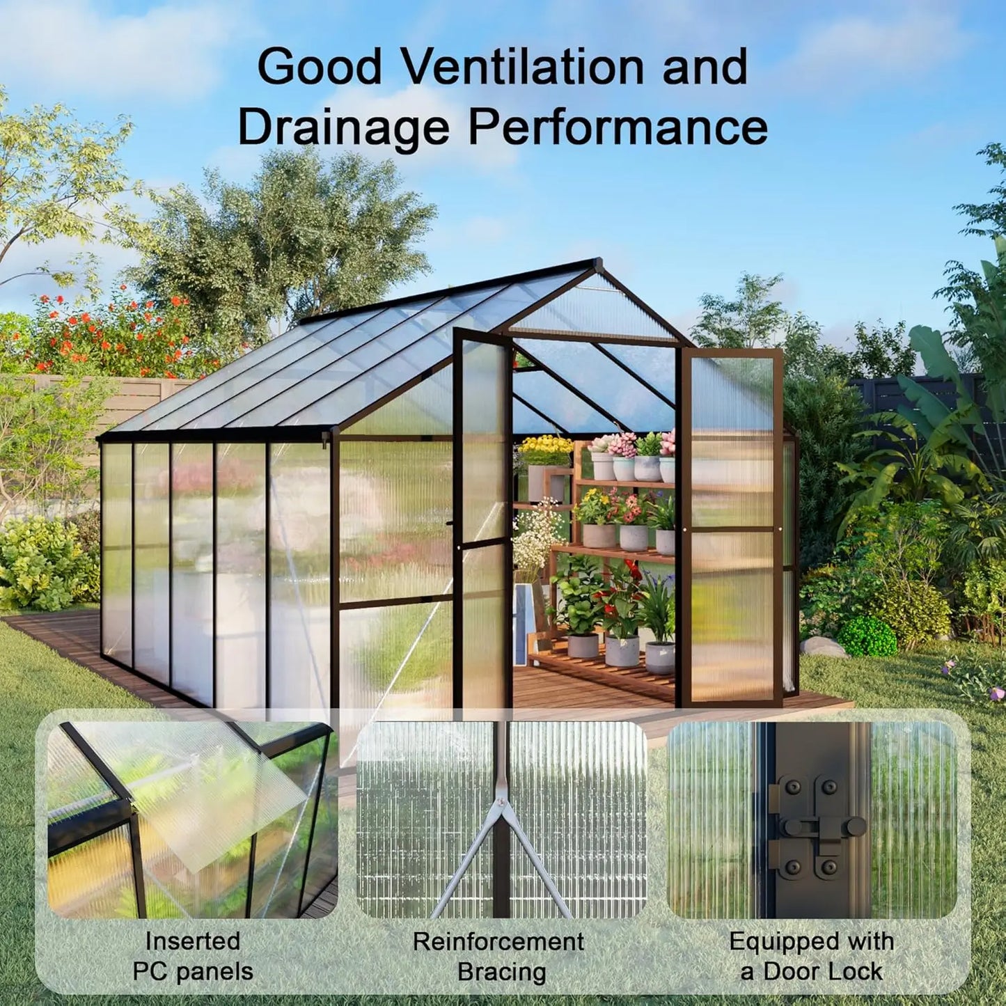 8X10 FT Greenhouses for Outdoors, Aluminum Large Polycarbonate Greenhouse, Quick Setup Walk in Green House with, Customized