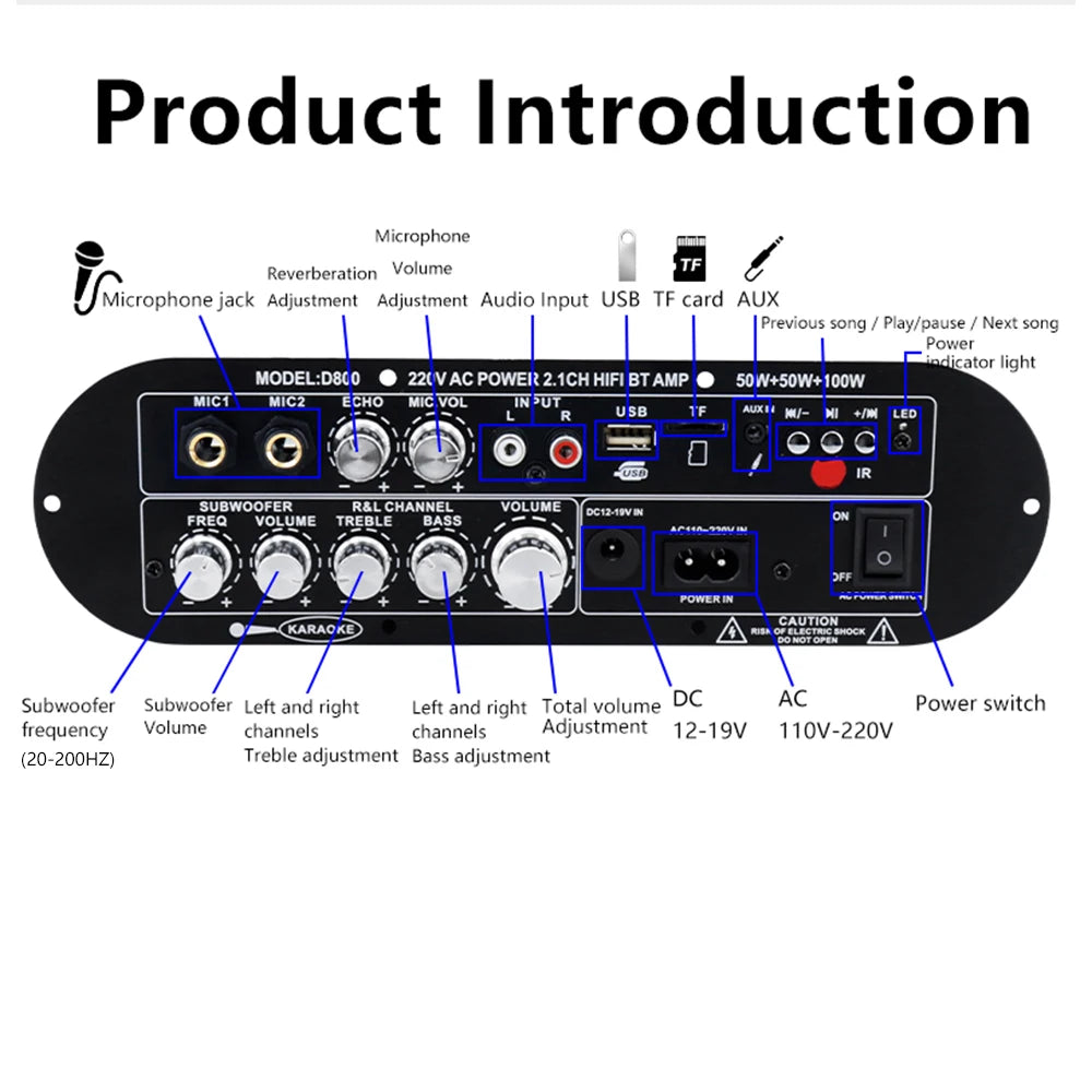 D800 Bluetooth 5.0 Digital Amplifier Board 2.1 Channel 50W+50W+100W HiFi Subwoofer Audio AMP for Home and Outdoor Sound Systems