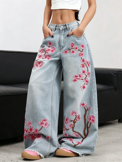 American Retro Plum Blossom Embroidery Design Blue Women's Loose Wide-Leg Jeans Y2K Street Fashion Versatile Straight Trousers