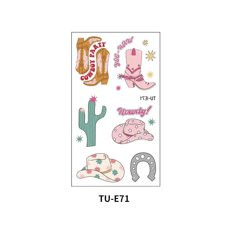 10 Sheets Western Cowgirl Theme Temporary Tattoos Cowboy Boot Hat Body Face Sticker Birthday Bachelorette Wedding Party Decor