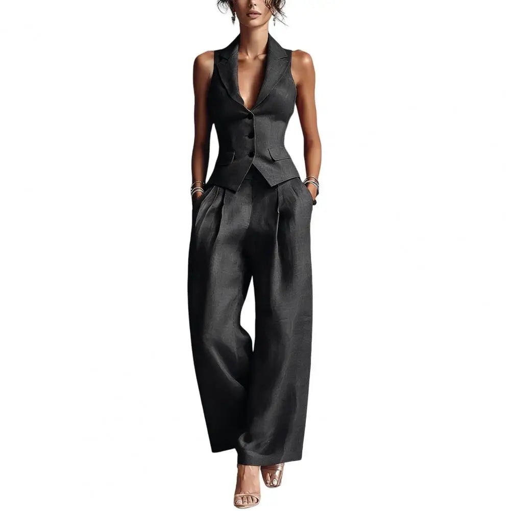 Women Outfit Women Two-piece Suit Women's Summer Two-piece Set Button-down Vest Wide Leg Pants Matching Outfit Business Workwear