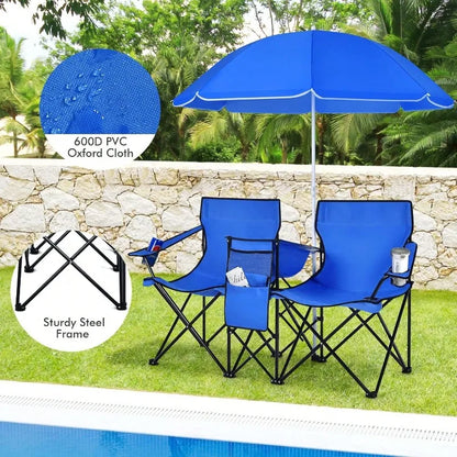 Portable Outdoor 2-Seat Folding Chair With Removable Sun Umbrella Blue