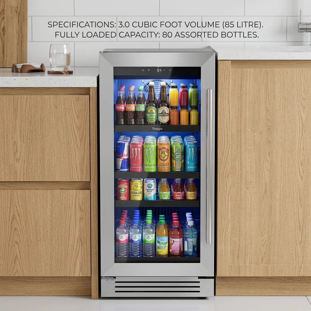 Under Counter Beverage Cooler 85L Built-in Refrigerator 80 Cans Fast Cooling 34°F-54°F 3.0 cu ft Stainless Steel Freestanding Wine Beer Fridge for Kitchen Bar