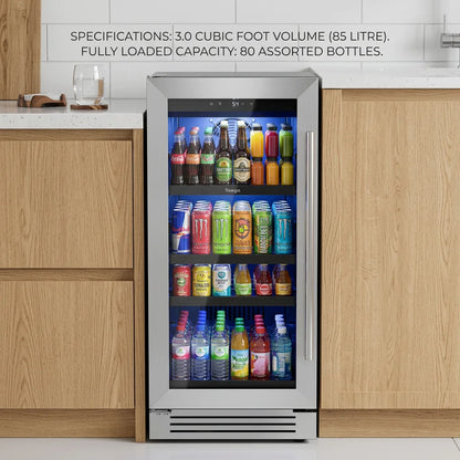 Under Counter Beverage Cooler 85L Built-in Refrigerator 80 Cans Fast Cooling 34°F-54°F 3.0 cu ft Stainless Steel Freestanding Wine Beer Fridge for Kitchen Bar