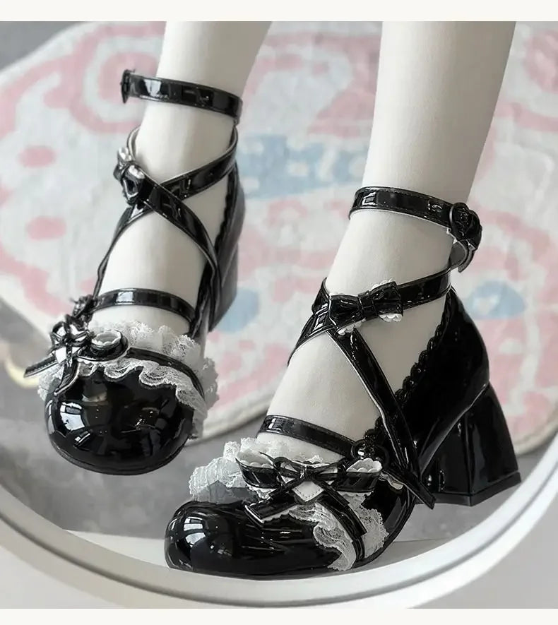 Lolita Mary Jane Shoes  New Women's Cute Bow High Heels Princess Heeled Single Shoes Spring Autumn Leather Pumps