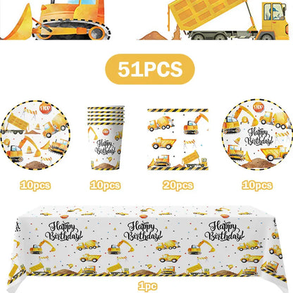 Happy Construction Birthday Party Decorations Set Plates Cup Tablecloth Gift Bags Banner Stickers Cake Decoration Party Supplies