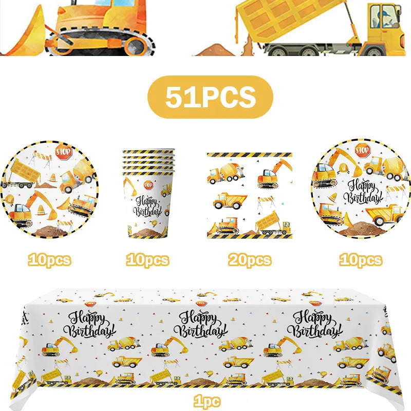Happy Construction Birthday Party Decorations Set Plates Cup Tablecloth Gift Bags Banner Stickers Cake Decoration Party Supplies