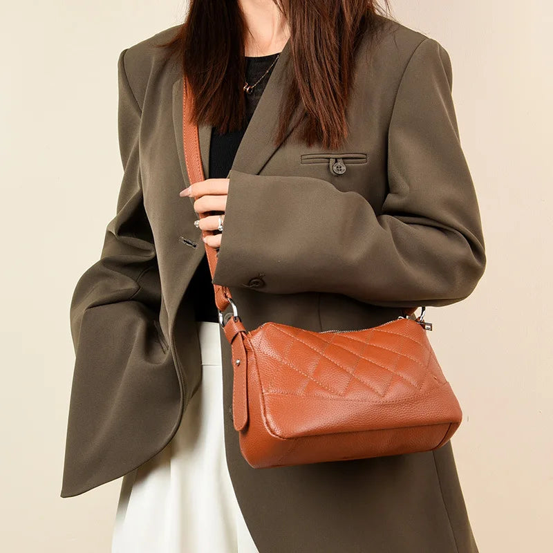 Real leather triple zipper women's large capacity shoulder bag lightweight Rhombus commuting crossbody bag