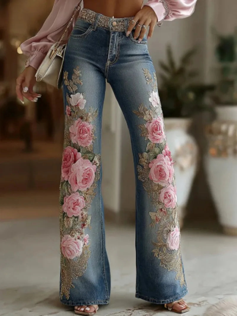 Women's Fashion and Leisure 2025 Retro Style Pink Rose Embroidery Art Print Imitation Jeans Pants