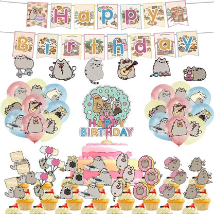 Pusheen Balloons Cartoon Cat Birthday Banner Decoration Party Supplies Backdrop Cake Topper Gift Bag Sticker Spiral Plush Doll