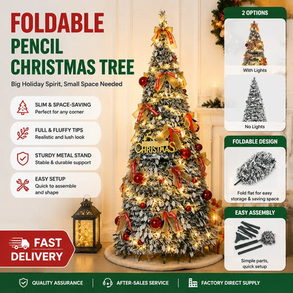 Foldable Christmas Tree with LED Lights Snow Flocked Artificial Xmas Tree Slim Space Saving Party Home Holiday Decoration