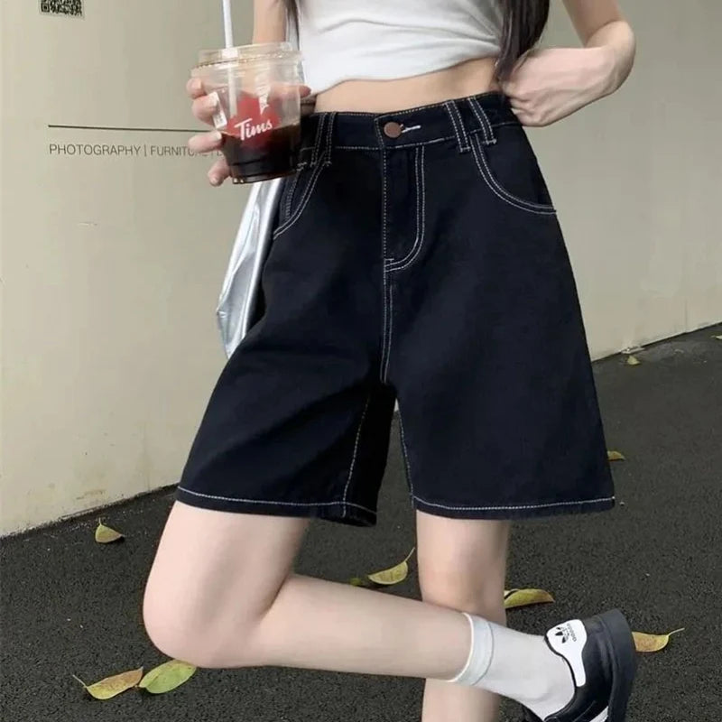 Summer Lady High Waist Casual Short Jeans Girls Classic Fashion Thin Straight Leg Pants Women Korean Solid Denim Shorts