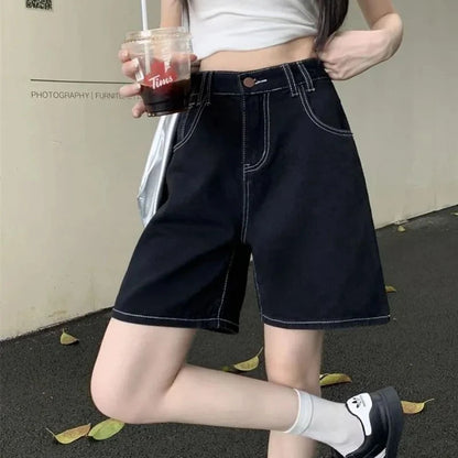 Summer Lady High Waist Casual Short Jeans Girls Classic Fashion Thin Straight Leg Pants Women Korean Solid Denim Shorts