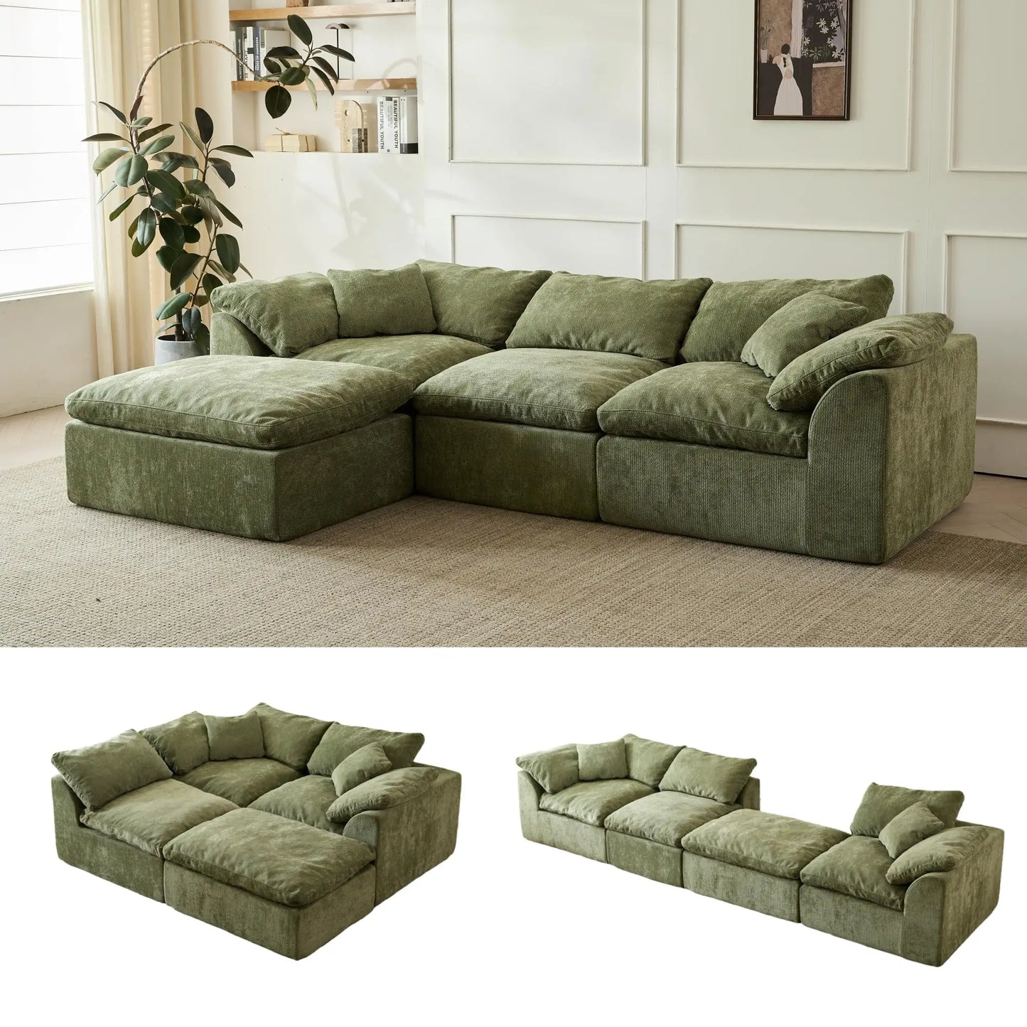 Modern Cloud L-Shaped 3-Seater Oversized Deep Seat Chenille Fabric Sofa Green Modular Sectional with Ottoman