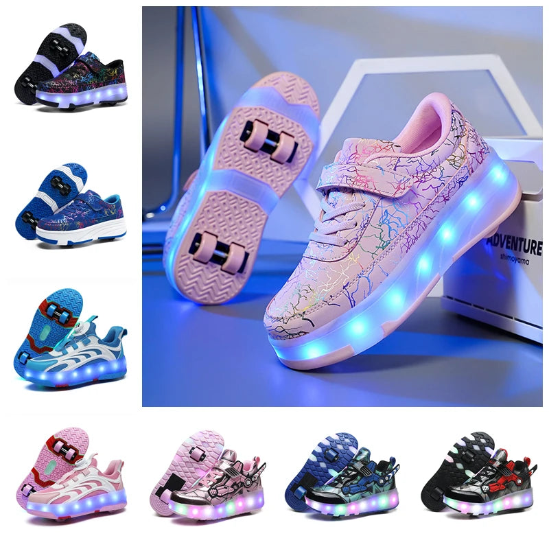 Children Roller Skates Shoes Boy Girl with 4 Wheels Kid Student LED Light Sneaker Running Adult Casual Sport Walking Shoes 27-40