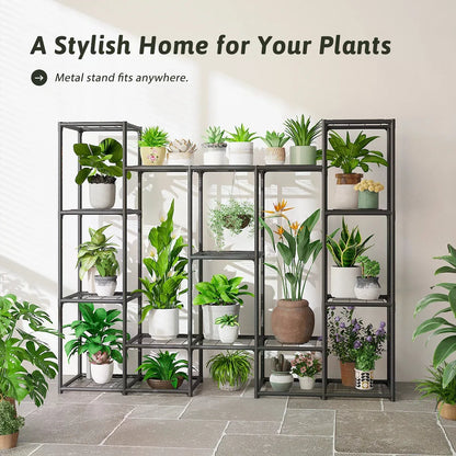 Large Plant Stand Indoor Outdoor Metal Plant Shelf Waterproof Plant Rack For Multiple Plants Wide Flower Stand For Patio Balcony Garden Black