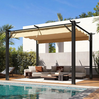 10'x12' Outdoor Retractable Pergola, Upgraded Adjustable Sun Shade Canopy, Sturdy Metal Gazebo for Modern Backyard,, Custom