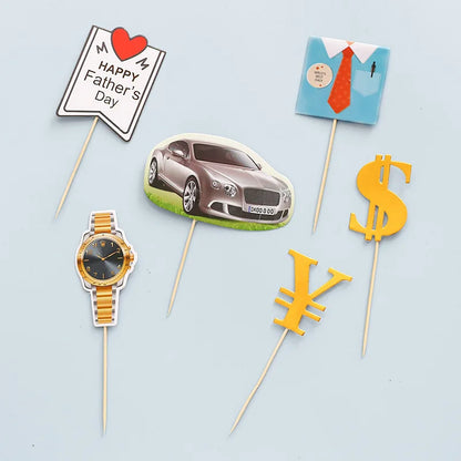 5pcs/set Cake Topper Car Money Wristwatch DIY Cake Cupcake Toppers Boys Men Happy Birthday Party Wedding Dessert Decor Flags New