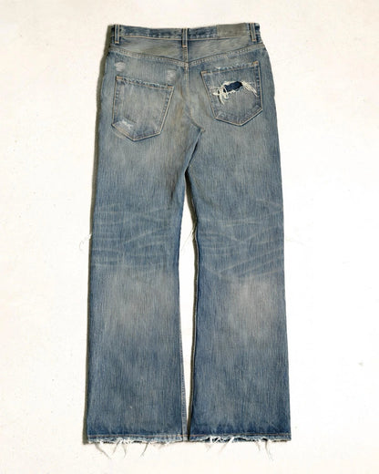 American Hollowed Out and Ripped Design Washed Denim Pants Hip-hop High Street Style Worn Edges Old Straight Leg Wide Leg Pants
